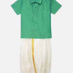 Thangamagan Boys Light Green Solid Panjagajam & Shirt Set-41