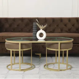 Claymint Benton Nesting Clear Glass Coffee Table Set with 2 Stools In Gold Finish-picture-24