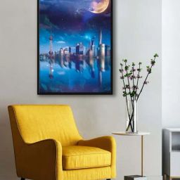 999Store Blue Canvas Half Moon With Building Night Sky View Wall Art Painting-34
