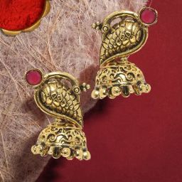 OOMPH Jewellery Antique Gold Tone Red Stones Peacock Shape Ethnic Jhumki-image-35
