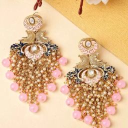 Karatcart Gold-Plated Pink Beads Kundan Dangler Earrings for Women-20