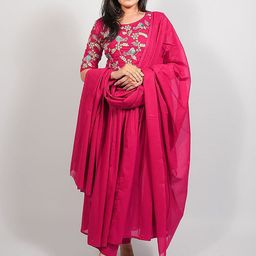 FASHION DREAM Floral Yoke Design Pleated Thread Work Anarkali Kurta With Trouser & Dupatta-picture-11