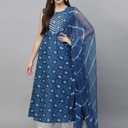 Stylum Navy Bandhani Print A Line Kurta With Dupatta-image-1