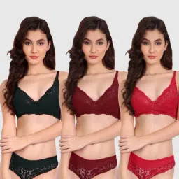 FIMS: Fashion is my Style Maroon & Red Lace Work Lingerie Set - Pack Of 3-image-5