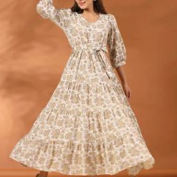 Jaipur Kurti Beige Cotton Floral Print Maxi Dress-picture-20