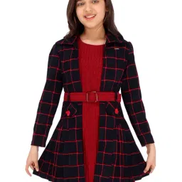 Cutecumber Kids Red & Navy Checks Full Sleeves Dress with Jacket-image-44
