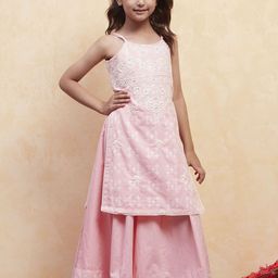 Biba Girls Ethnic Motifs Embroidered Regular Thread Work Pure Cotton Kurta with Sharara-picture-18