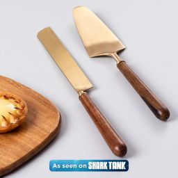 Nestroots Cake Cutting Knife Server Serrated Knife Set of 2 Dessert Server Gold with Wood Handle image 1