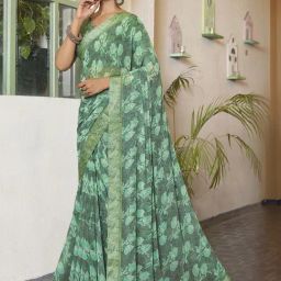 Satrani Dull Green Floral Print Saree With Unstitched Blouse-image-3