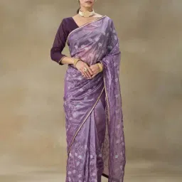 FABMORA Purple Embroidered Saree With Blouse-image-94