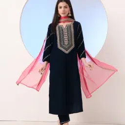 Yufta Navy Blue Straight Fit Zari Kurta Trouser Set With Dupatta-image-3