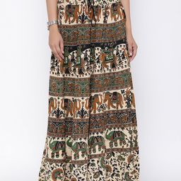 SOUNDARYA Beige & Green Ethnic Print Flared Maxi Skirt-picture-9