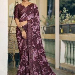 Satrani Purple Floral Print Saree With Unstitched Blouse-image-52