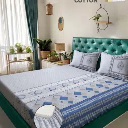 Klotthe Blue 400 TC Cotton Double Elastic Book Fold Bedsheet with 2 Pillow Covers-picture-8