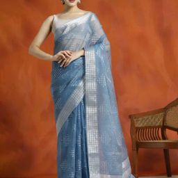 Jaipur Kurti Blue Woven Saree With Unstitched Blouse-picture-37