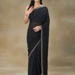 FABMORA Black Embellished Saree With Blouse-image-1