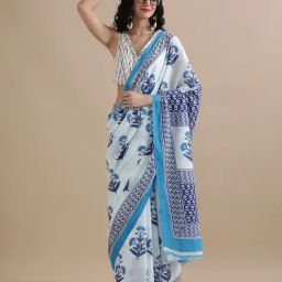 Jaipur Kurti White Mulmul Cotton Regular Fit Print Saree-picture-45