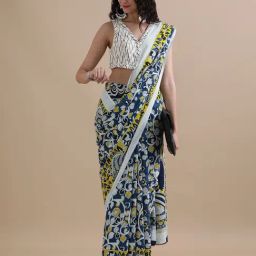 Jaipur Kurti Blue Mulmul Cotton Regular Fit Print Saree-image-60