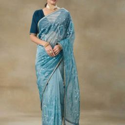 FABMORA Blue Embroidered Saree With Blouse-picture-14