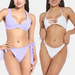 Secrets By ZeroKaata Purple & White Plain Swimwear Bikini-image-60