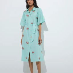 Utsa by Westside Aqua Floral Design Cotton-Blend Shirt Dress with Belt-image-32