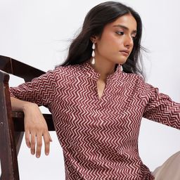 Anouk Rustic Chevron Printed Mandarin Collar Straight Kurti-image-3