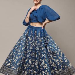Biba Blue V-Neck Crop Top Skirt Set-image-41