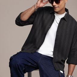 WROGN Striped Drop-Shoulder Sleeves Comfort Fit Knitted Casual Shirt-image-61