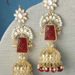 Karatcart Gold-Plated Red Carved Stone Kundan Jhumki Earrings for Women-22