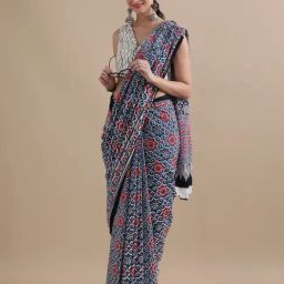 Jaipur Kurti Navy Blue Mulmul Cotton Regular Fit Print Saree-image-48