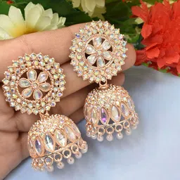 MEIRA JEWELLERY Rose Gold-Plated Artificial Stones Studded And Beaded Dome Shaped Jhumkas-picture-5