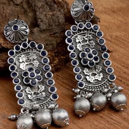 Karatcart Oxidized Silver Floral Blue Stone Drop Earrings for Women-16