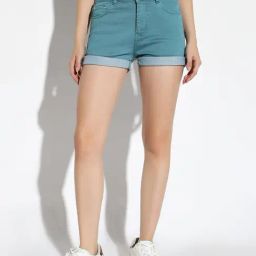 SHOWOFF Teal Denim Slim Fit Shorts-image-45
