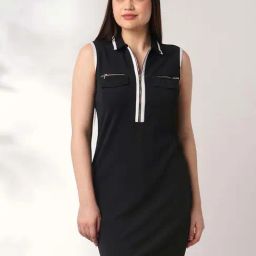 Globus Women Black Collared Neck Front Zip Pocket Detail Solid Mini Bodycon Dress-image-80