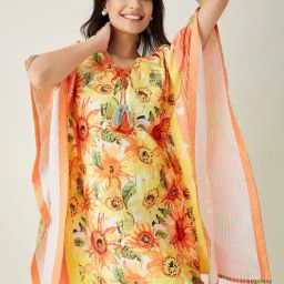 The Kaftan Company Yellow Polyester Regular Fit Floral Casual Dress-picture-5