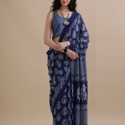 Jaipur Kurti Navy Blue Mulmul Cotton Regular Fit Print Saree-picture-40