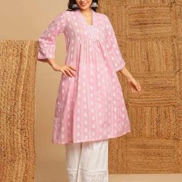 Kami Kubi Pink Cotton Woven Pattern A Line Kurta-image-87