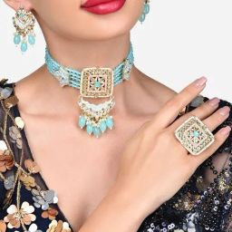 Zaveri Pearls Turquoise Pink Meenakari Multistrand Kundan Choker Necklace Earring Ring Set-ZPFK15833-image-74