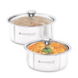 Wonderchef Silver Stainless Steel Serving Casserole with Lid - Set of 2-image-96