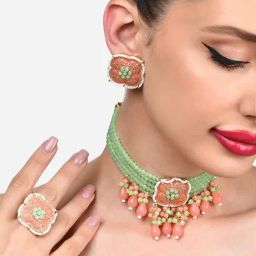 Zaveri Pearls Green Peach Multistrand Beaded Meenakari Choker Necklace Earring & Ring Set-ZPFK15835-image-28