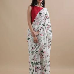 Jaipur Kurti White Mulmul Cotton Regular Fit Print Saree-image-77