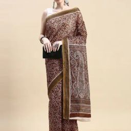 SHANVIKA Rust Cotton Printed Saree Without Blouse-picture-5