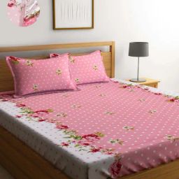 Klotthe Pink & White 300 TC Polycotton Double Elastic Book Fold Bedsheet with 2 Pillow Covers-image-56