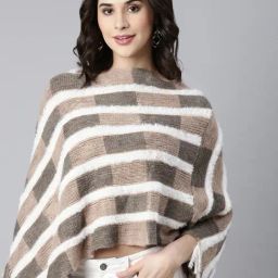 SHOWOFF Beige & Black Self Design Poncho-92