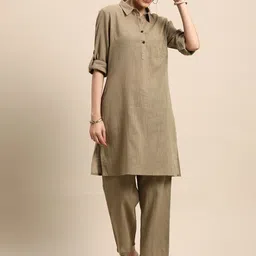 Anouk Women Khaki Solid Straight Kurta with Trousers-picture-38