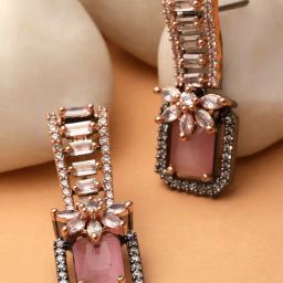 Karatcart Black Rose Gold Plated Pink Cubic Zirconia Drop Earrings for Women-11