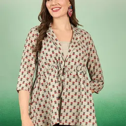 Sangria Green Floral Printed Shirt Collar Gathered Cotton Empire Top-image-6