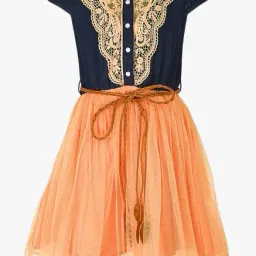 StyleStone Kids Peach & Navy Embroidered Dress-image-22