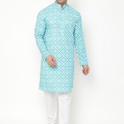 Hangup Men Blue & White Printed Kurta with Pyjamas-31
