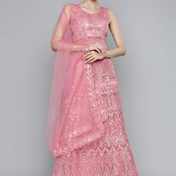 Kvsfab Pink Sequinned Embroidered Semi-Stitched Lehenga & Unstitched Blouse With Dupatta-40